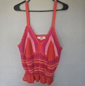 Madden NYC Crochet Knit Strappy Tank Top in Coral & Pink, BOHO, festival
